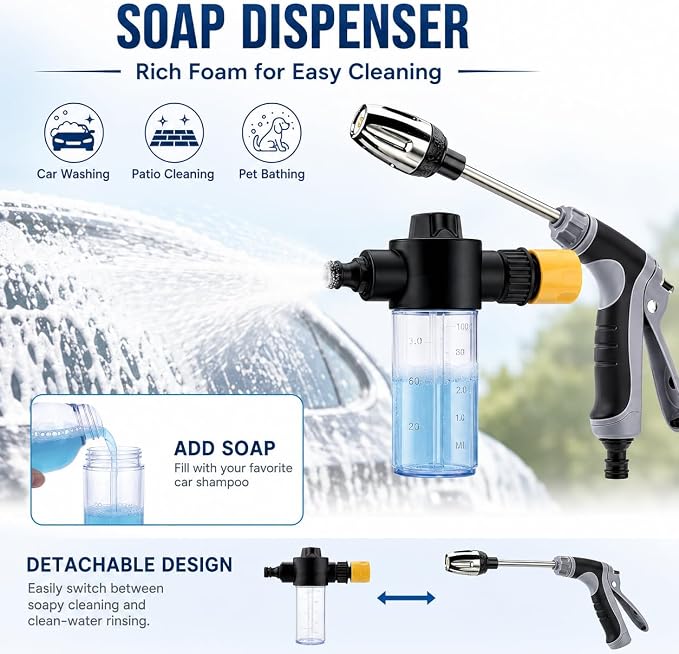 High Pressure Hose Nozzle, Jet Hose Nozzle High Pressure with Soap Dispenser, 3 Spray Modes 360° Rotating Pressure Washer Nozzle, Portable High Pressure Water Sprayer for Garden Hose, Car Patio Yard