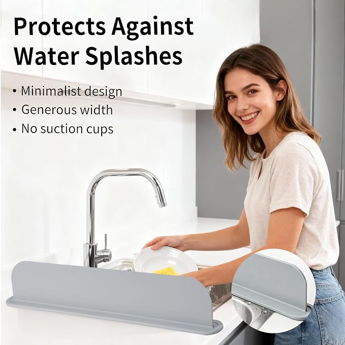 19.2inch(49cm) Silicone Sink Splash Guard, Sink Splash Guard with Suction Cup,Kitchen Sink Water Splash Guard, Kitchen Sink Splash Guard that Can Be Placed Behind (2, Gray)