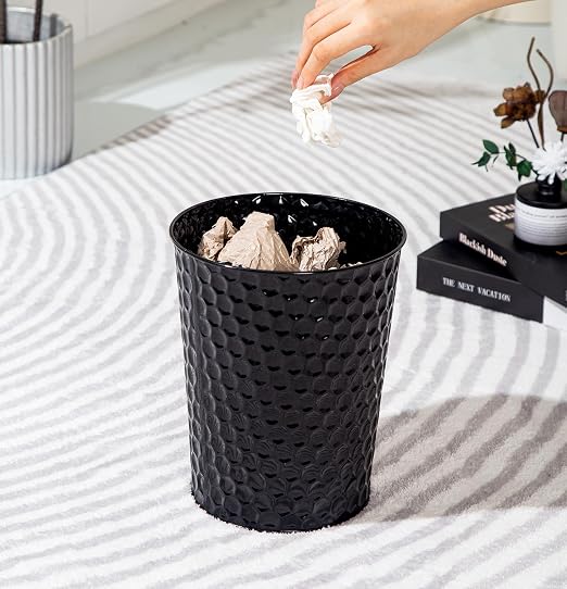 Venalys Small Metal Trash Can Wastebasket, Decorative Honeycomb Garbage Can Waste Basket, Modern Farmhouse Round Trash Bin for Bathroom, Bedroom, Kitchen and Office (Black)