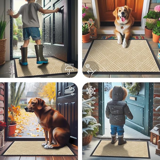 Smiry Front Door Mat Outside Entrance, Heavy Duty Outdoor Indoor Natural Rubber Doormat, Non Slip, Trap Dirt and Moisture, Easy Clean, Low Profile Patio Porch Entryway Mat, 59x35, Beige