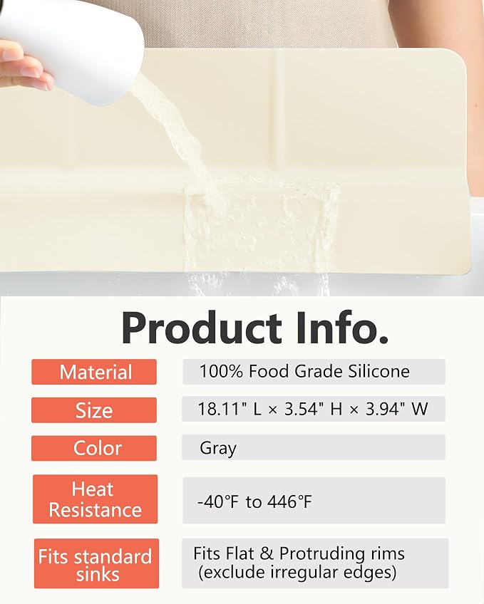 Kitchen Sink Splash Guard 18" 23" 30" Self-Draining Silicone Water Guard with High Splash Wall & Strong Suction Cups for Faucet, Countertop & Sink Edge, Keeps Sinks Dry, Dishwasher Safe,Cream