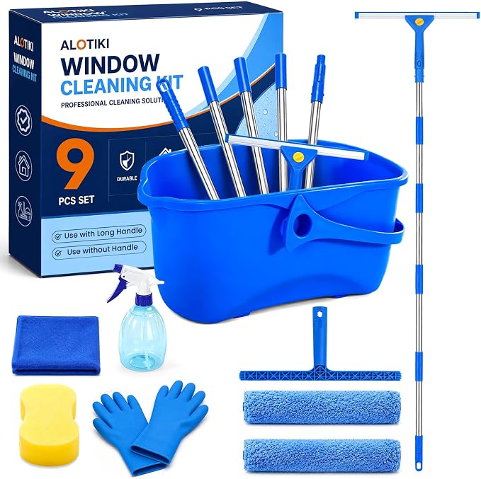 ALOTIKI 9Pcs Window Cleaning Kit with 3 Gal Cleaning Bucket & 81" Squeegee | Professional Window Washing Kit with Extension Pole, Squeegee and Scrubber, Window Cleaner Tool for Shower Glass & Commercial