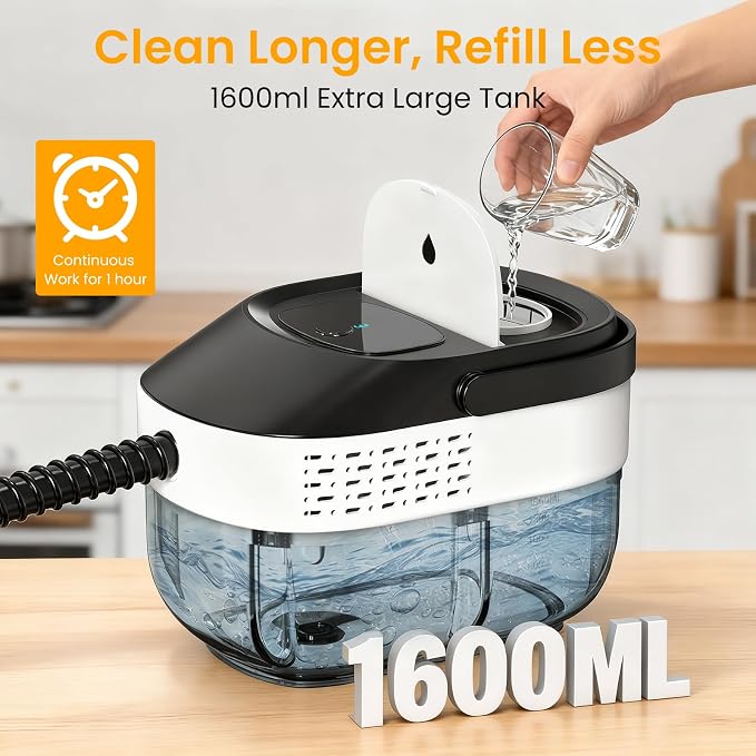 Granarbol Steam Cleaner, 2500W 1.6L Handheld Steamer for Home Car Cleaning | 10s Heat-up, 19pcs Accessories, 3 Levels, Chemical-free Cleaning for Kitchen, Floor, Bathroom, Car Interior, Black & White