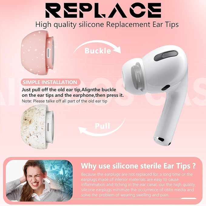 Inesore 4 Pairs Replacement Ear Tips for AirPods Pro 2nd/1st (Pink) | with Noise Reduction Hole & Built-in dust Guard Screen,Silicone,with Portable Storage Box & Cleaner Pen,4 Size (XS/S/M/L)