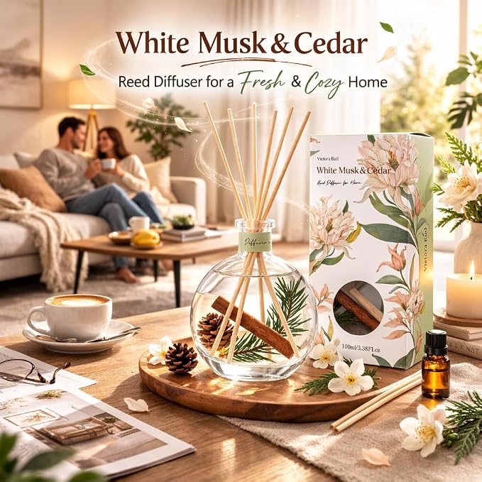 Cedarwood & White Musk Reed Diffuser, 3.34 Fl Oz | Luxury Hotel-inspired Scent,Air Fresheners for Bedroom, Bathroom, Living Room or Office; Gift-ready