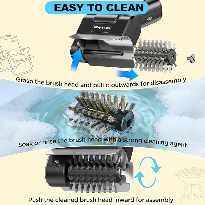 Electric Grill Brush with Dual Safety Lock. Ideal Gift for Men Dad Husband | Professional BBQ Cleaner with Submersible 304 SS Head, Splash-Proof Scrubber for Outdoor Grill (Blue Button)