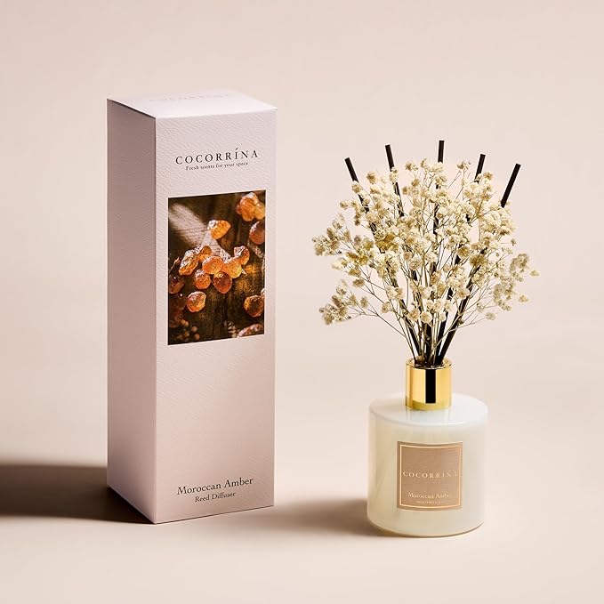 Reed Diffuser - Moroccan Amber 6.7 Fl.oz Reed Diffuser Set with Sticks & Preserved Baby's Breath, Reed Diffuser for Home Bathroom Shelf Decor