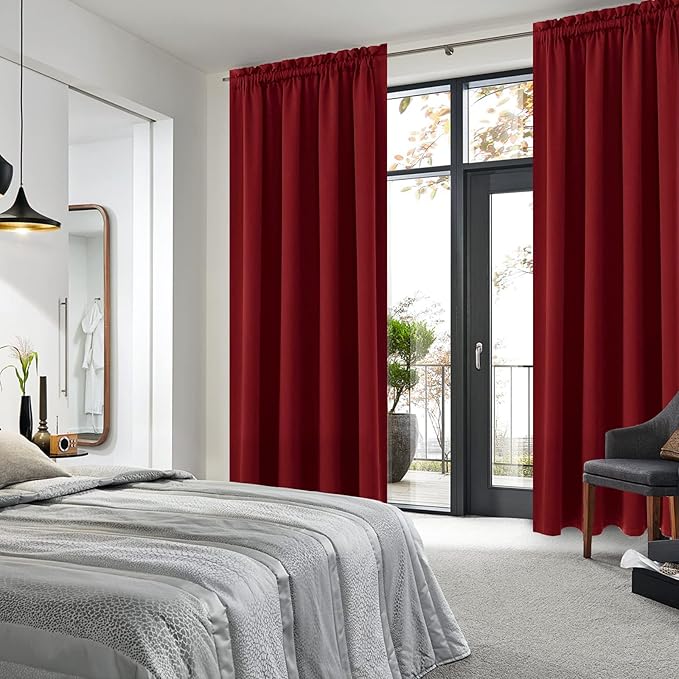 DWCN Christmas Blackout Curtains Room Darkening Thermal Insulated Bedroom Curtains Window Curtain Panels, 52 x 84 inches Long, Set of 2 Burgundy Rod Pocket Drapes