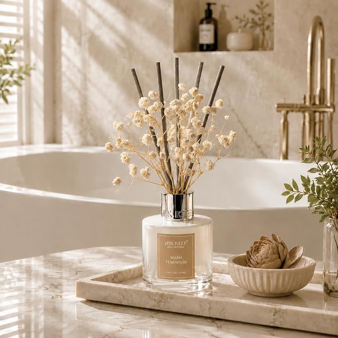 Reed Diffuser Set,3.38 fl oz (100 ml) - Warm Teakwood Oil Diffusers with 8 Reed Sticks, Home Fragrance Reed Diffuser for Bathroom Shelf Decor