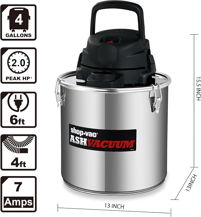 Shop-Vac 4 Gallon 2.0 Peak HP Ash Vacuum,7 Amps with HEPA Filter, 4040988 | Ash Vac Cleaner with HEPA Filter, Hose and Accessories for Fireplaces, Wood Stoves, Pellet Stoves and BBQ Grills