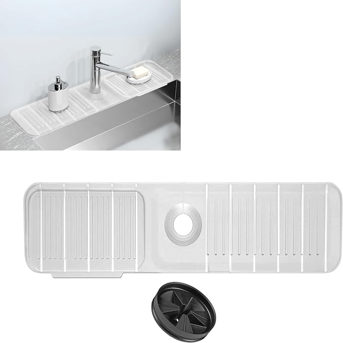 18 Inch Silicone Faucet Mat for Kitchen Sink - Kitchen Sink Splash Guard with FREE Rubber Drain Insert, Faucet Guard Draining Mat & Sink Water Splash Guard (Transparent)