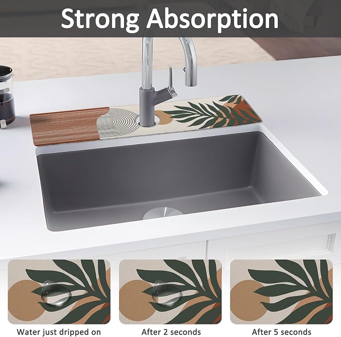 24" X 5.5" Kitchen Sink Splash Guard Faucet Mat Boho Super Absorbent Fast Drying Faucet Guard & Draining Mat Sink Splash Guard Behind Faucet for Kitchen, Bathroom