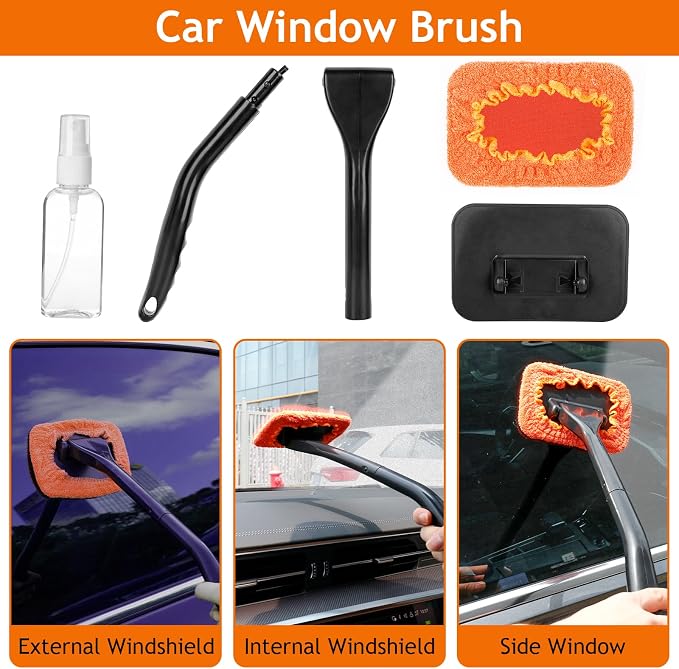 THINKWORK Windshield Cleaner Tool, Car Detailing Kit Interior, Car Cleaning Kit Interior and Exterior Detail Brush, Auto Supplies & Accessories for Men Women | 180 Degree Rotating Head, Extendable Handle, 3 Washable Pads, Streak Free Cleaning for Windo...