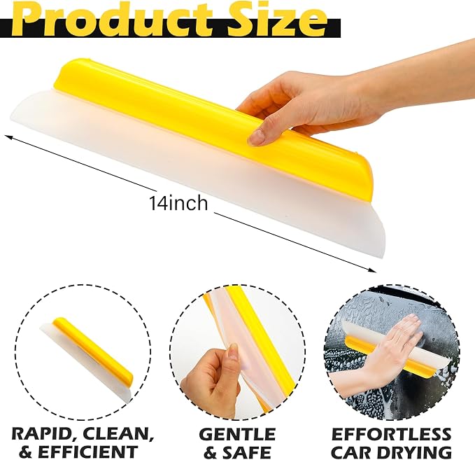 2 Pack 14 Inch Car Drying Squeegee Yellow Silicone Window Blade | Flexible Silicone for Drying Windshield Shower Glass, Bathroom Window Cleaner, T-bar Design, Long Handle Wash Tool