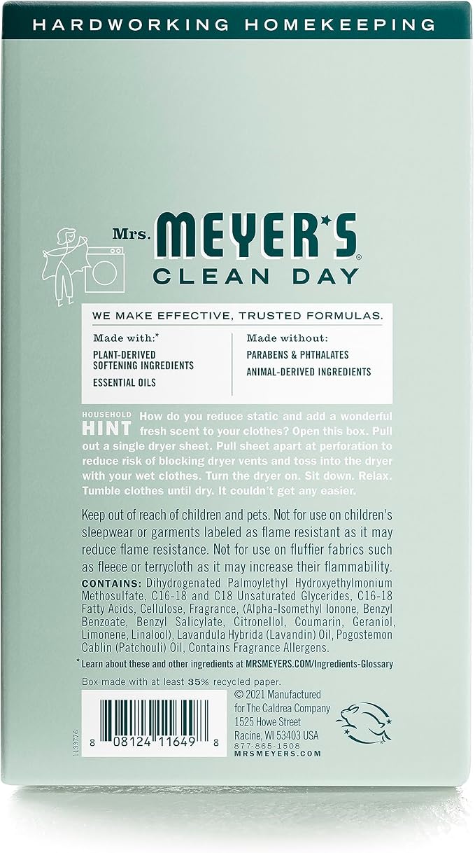 MRS. MEYER'S CLEAN DAY Dryer Sheets, Fabric Softener, Reduces Static, Infused with Essential Oils, Birchwood, 80 Count (Pack of 12)
