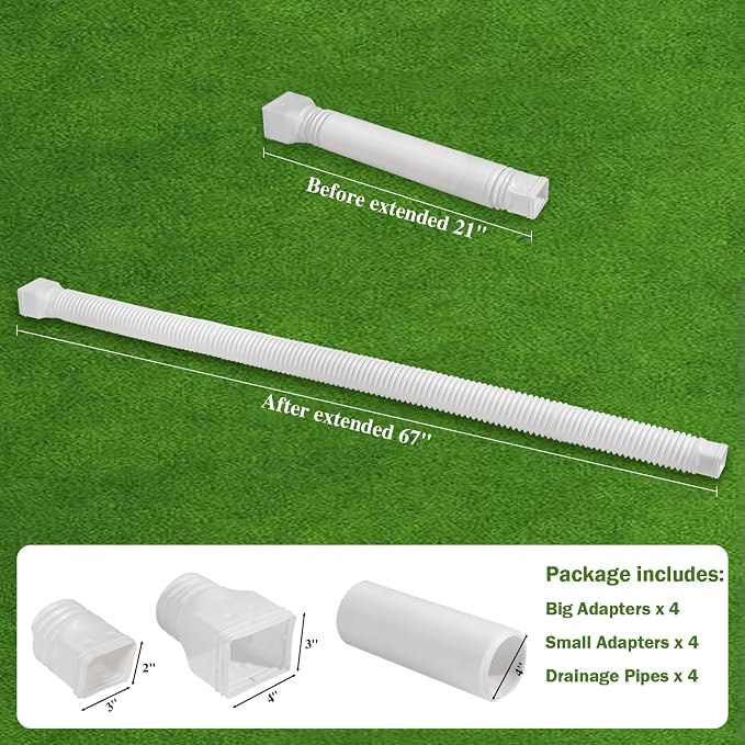 Gutterlix 4 Pack Flexible Gutter Downspout Extensions Extendable from 21" to 67", Downspout Extender Comes with Adapters, Thickened Down spout Drain Extension for Rainwater Drainage(White)