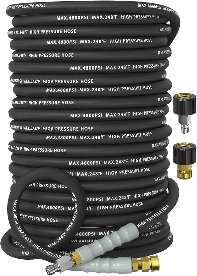3/8" Pressure Washer Hose 200FT 4800 PSI, Kink Resistant Steel Braided Layer & NonMarking Rubber for Hot/Cold Water, High Power Washer Hose With 3/8 Inch Quick Connect & M22 Fitting, Black