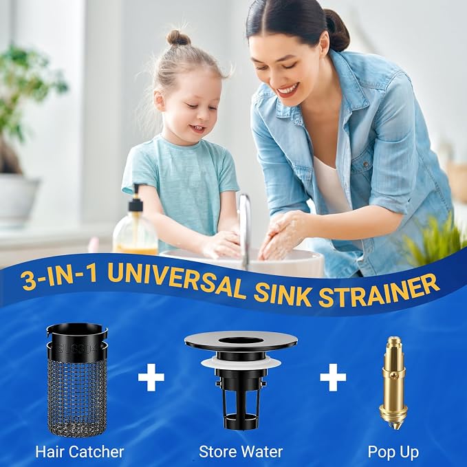 Bathroom Sink Drain Strainer, Pop-Up Bathroom Sink Stopper with Removable Stainless Steel Hair Catcher Basket, Universal Fit for US Bathroom Sinks, Showers & Floor Drains (1pcs-Black)