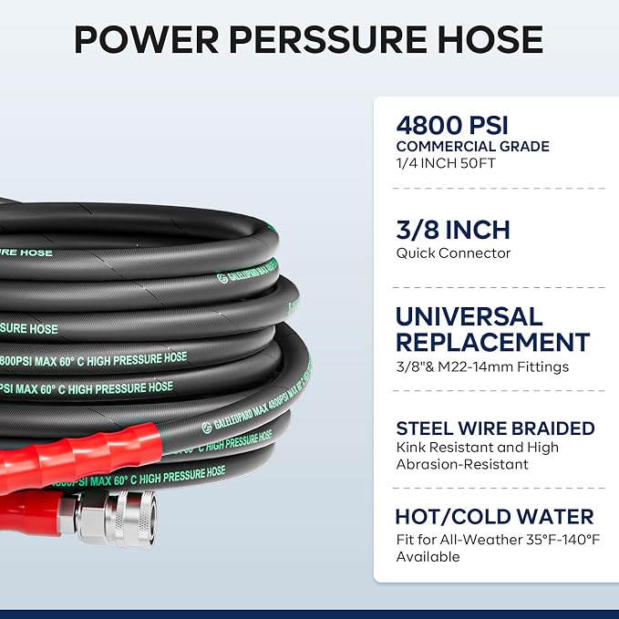 Pressure Washer Hose 25FT with 3/8 Inch Quick Connect | 4800PSI,Kink Resistant Industry Grade Steel Wire Braided, Wear Resistant Power Washer Hose with M22 14mm Adapter