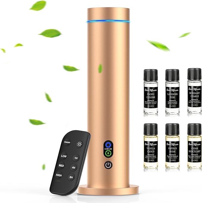 Waterless Diffuser, Essential Oil Diffuser, 1000 Sq.Ft Coverage Scent Diffuser – Plug-in Only, Adjustable Mist, Remote, Mood Lights for Home & Office, Large Room, Hotel, Gold