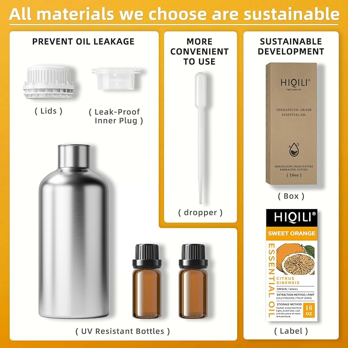 HIQILI Sweet Orange Essential Oil Large Capacity for Skin Care & Diffusers | Air Freshening & Space Cleaning for DIY Studio, Spa, Hotel & Household Stock, Mall, Beauty Salon - 500mL / 16 fl oz