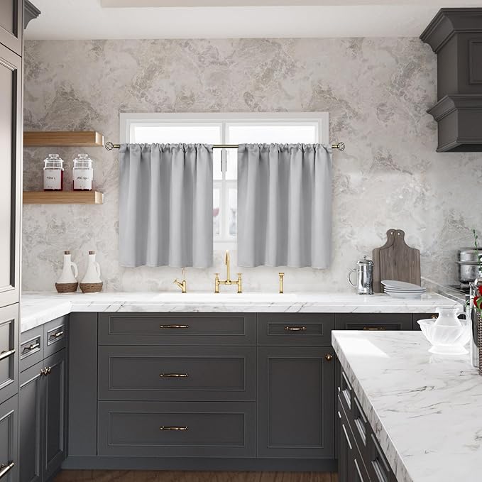 BGment Small Window Curtains 30 Inches Length for Kitchen Over Sink - Rod Pocket Short Drapes for Cafe Bathroom Basement RV Camper Privacy Decorative, Light Grey, 2 Panels, 29 x 30 Inch