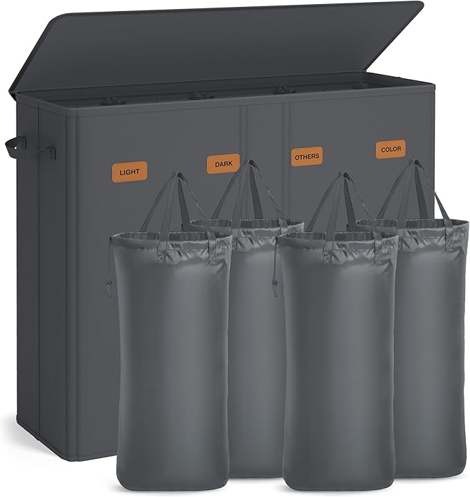 SONGMICS 55.4 Gallon (210 L) Laundry Hamper, 4-Compartment Laundry Basket Sorter with Lid, Labels, Removable Liner Bags, for Bedroom, Dark Gray URLH014G01