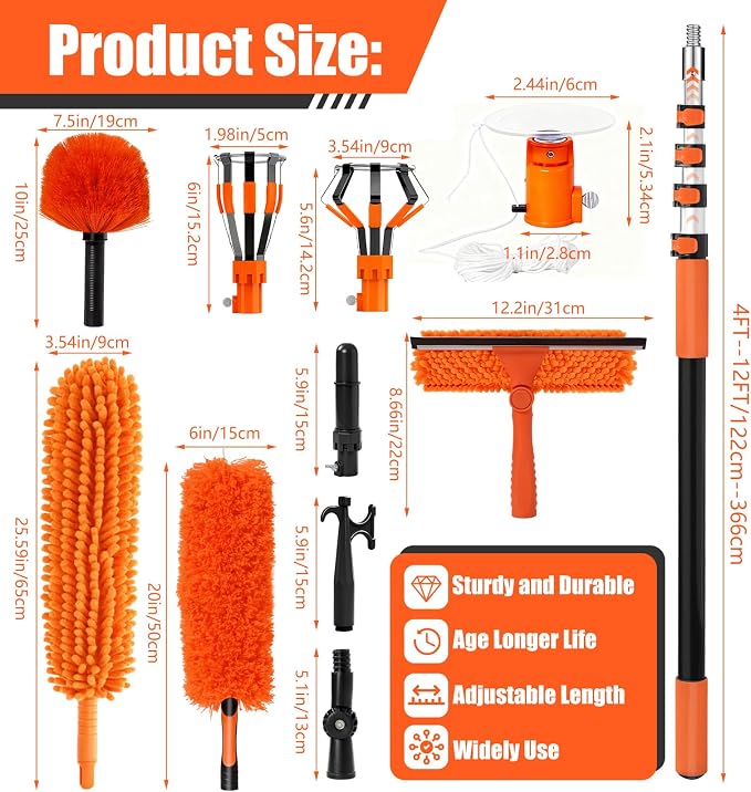 20FT Light Bulb Changer for High Ceilings Kit with Extension Pole Orange | Telescoping Lightbulb Changing Pole,Cobweb Brush Extendable Duster,Ceiling Fan Cleaner and Window Squeegee Cleaning