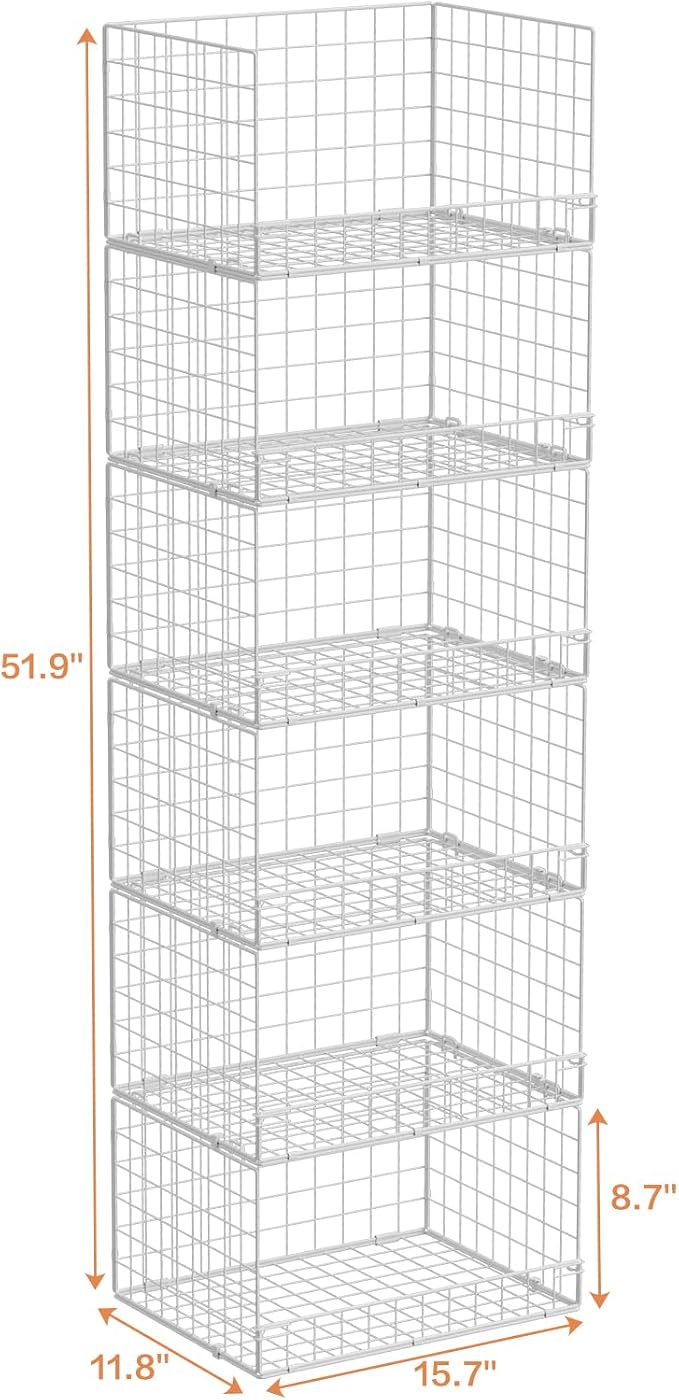 Huxitocan 6-Tier Stackable Closet Organizers and Storage Basket - Foldable Closet Shelf Organizer System, Sturdy Metal Space-Saving Clothes Storage Bins for Wardrobe, White(Patent Pending)
