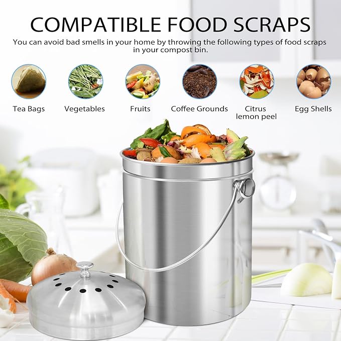 ENLOY Compost Bucket for Kitchen Countertop, 1.3 Gallon Stainless Steel Compost Bin Indoor with Lid, Odorless Food Waste Bucket with Charcoal Filter, Compost Pail for Kitchen with Carrying Handle