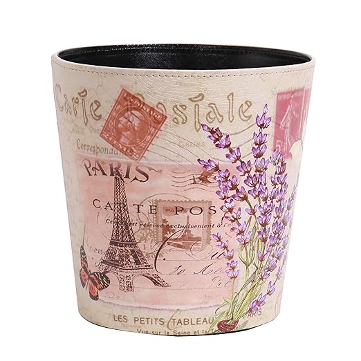 PU Leather Small Trash Can Wastebasket, Round Garbage Container Basket for Bathrooms, Laundry Room, Kitchens, Offices, Kids Rooms, Bedrooms,Dorms,Home Decorative Art Bin, 2.9 Gallon(Lavender Design)