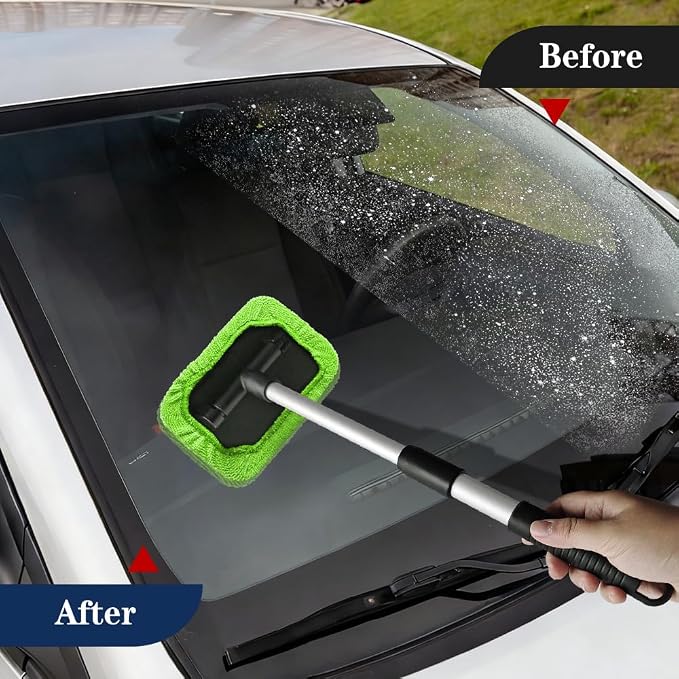 Windshield Cleaning Tool, Car Window Cleaner, Vehicle Window Cleaner with Extendable Handle & 2 Washable Microfiber Pads, Car Interior Glass Wiper Cleaning Kit for Most Vehicles (Green)
