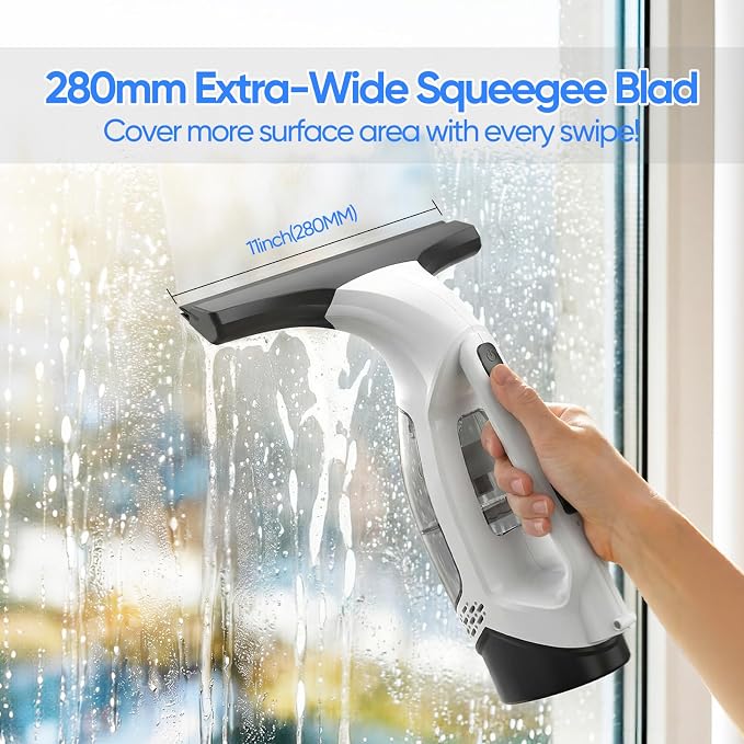 Window Vacuum Squeegee Cordless, Window Vacuum Cleaner with 2000Pa Streak-Free Suction, 30–40" Extension Pole, 11-Inch Cleaner Tool for High Windows, Shower Glass, Tiles & Mirrors