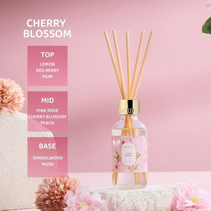 Reed Diffuser Oil Set with Reed Sticks,Cherry Blossom Aromatherapy Oil Scent Diffuser for Home Office Bathroom Decoration Perfume and Gifts 3.38 oz/100ml