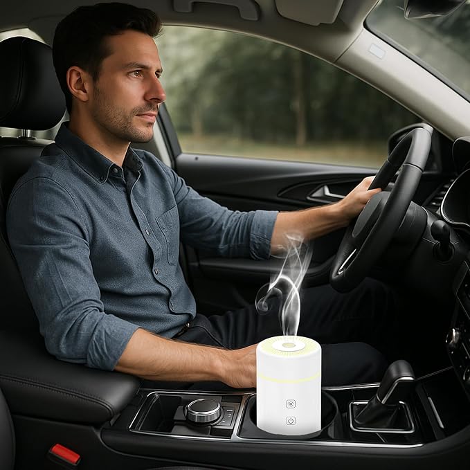 SEEDSEEL 100ML Car Essential Oil Diffuser, Rechargeable Battery Powered, Cordless Portable Diffuser with 7 LED Color Changing Lights for Travel (White)