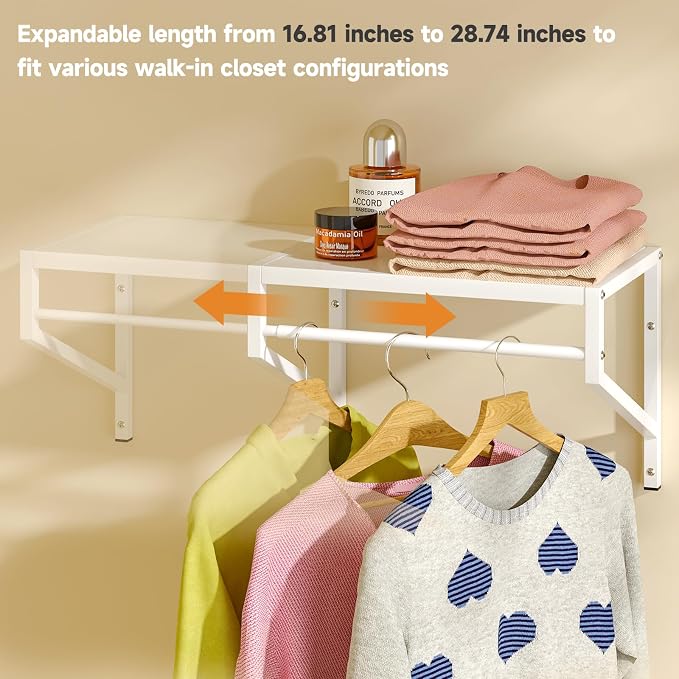 ThreeHio Expandable Closet Shelves Wall Mounted, 3 Pack Closet Shelving with Hanging Rods, Wall Shelving for Walk-in Closet, Hanging Shelves Organizer and Storage for Closet, Laundry
