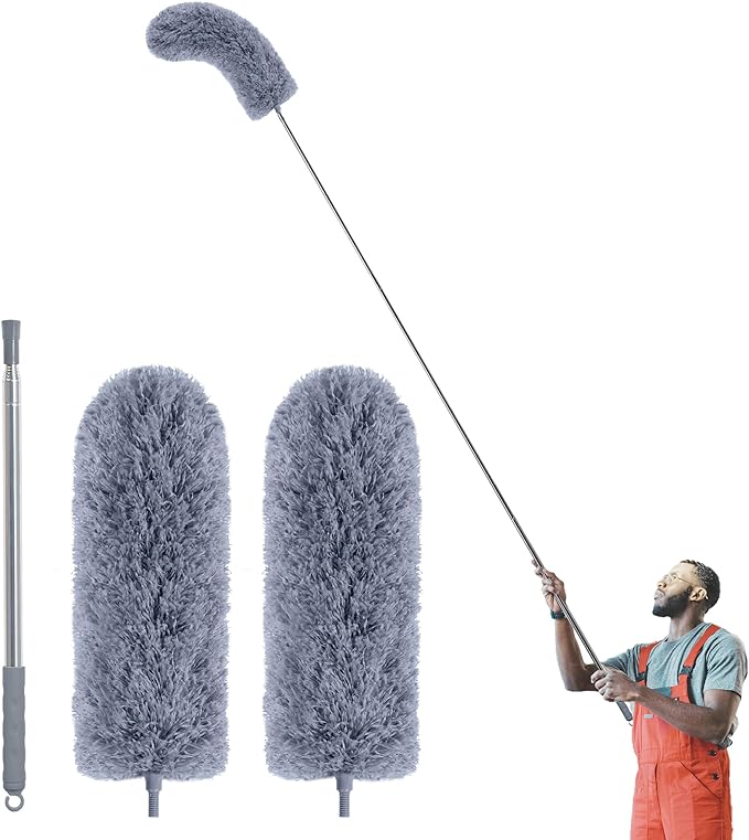 IVYROLL Duster with Extension Pole for Cleaning (2 Microfiber Heads Kit) | 100" Long Feather Duster for High Ceilings with Washable Head, Cleaning Supplies for Housekeeping, Ceiling Fan, Furniture