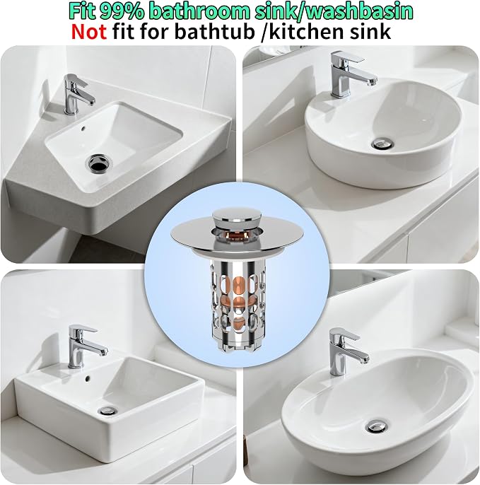Bathroom Sink Stopper Drain Hair Catcher,3 in 1 Bathroom Sink Drain Strainer with Anti-Clogging Filter Basket,Sink Stopper Bathroom Drain for 1.06"~1.61" Drain Hole 2 PCS(Silver Chrome)