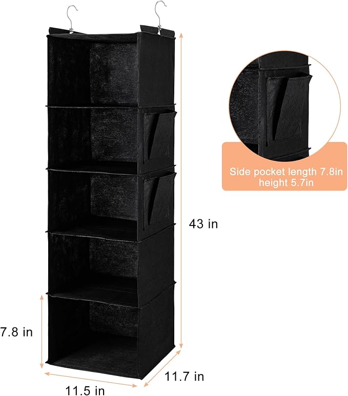 BOOMIBOO Hanging Closet Organize and Shelves,5-Hanging Shelf (Black) | Dorm Room Essentials, Clothes Organizer with 2 Side Pockets, Hanging Shelves for Closet Storage, Breathable Fabric