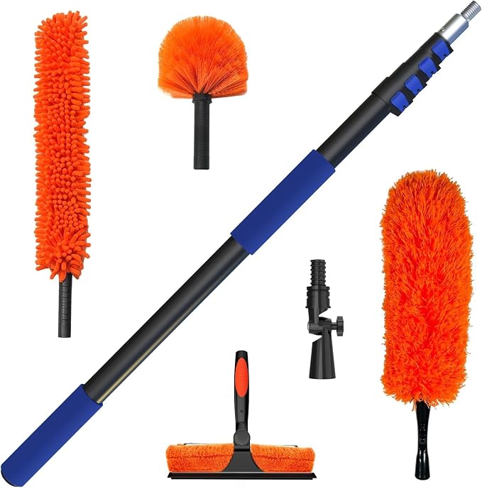 26 Foot High Reach Duster Kit with 5-20 ft Telescoping Extension Pole, High Ceiling Duster, Cobweb Duster, Window Squeegee, Feather Duster, Outdoor & Indoor Extendable Duster Cleaning Kit
