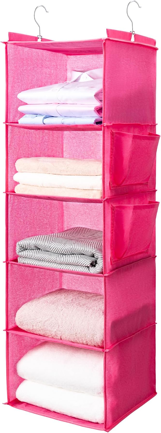 BOOMIBOO Hanging Closet Organize and Shelves,5-Hanging Shelf（Pink） | with 2 Side Pockets，Storage Foldable