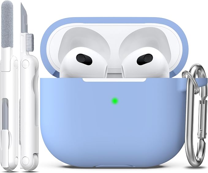 Compatible with AirPods 3 Case Cover, Silicone Protective Accessories Skin with Keychain Compatible with Apple AirPod 3rd Generation 2021 for Women Men Girls Boys,Front LED Visible,Blue Grey