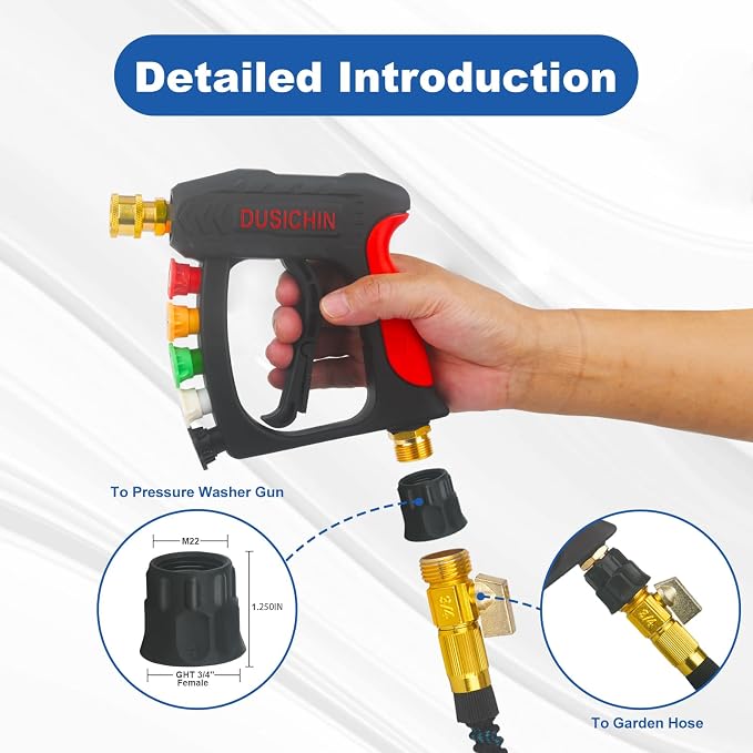 DUSICHIN Garden Hose Adapter Pressure Washer Gun to Water Hose Fitting, Garden Hose 3/4 GHT Female 2 PCS to Power Washer Handle M22 Metric Thread Female Fitting 3/4" GHT To M22 Joint DUS2600