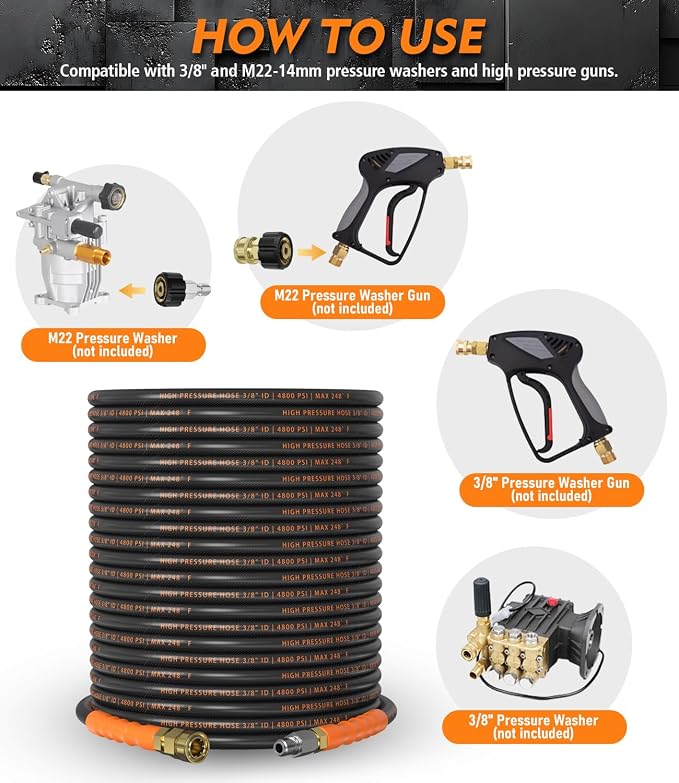 3/8" ID Pressure Washer Hose 50 ft, 4800 PSI Steel-Braided & Durable - Flexible & Kink-Resistant, Power Washer Hose with Swivel Quick Connect & M22-14mm Adapter, Hot/Cold Water Compatible