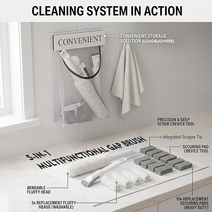 Home Detail Cleaning Kit, Crevice Cleaning Brush, 5-in-1 Detail Duster, Replacement Pads, Microfiber Sleeves and Storage Bag for Window Tracks, Air Vents, Kitchen and Bathroom