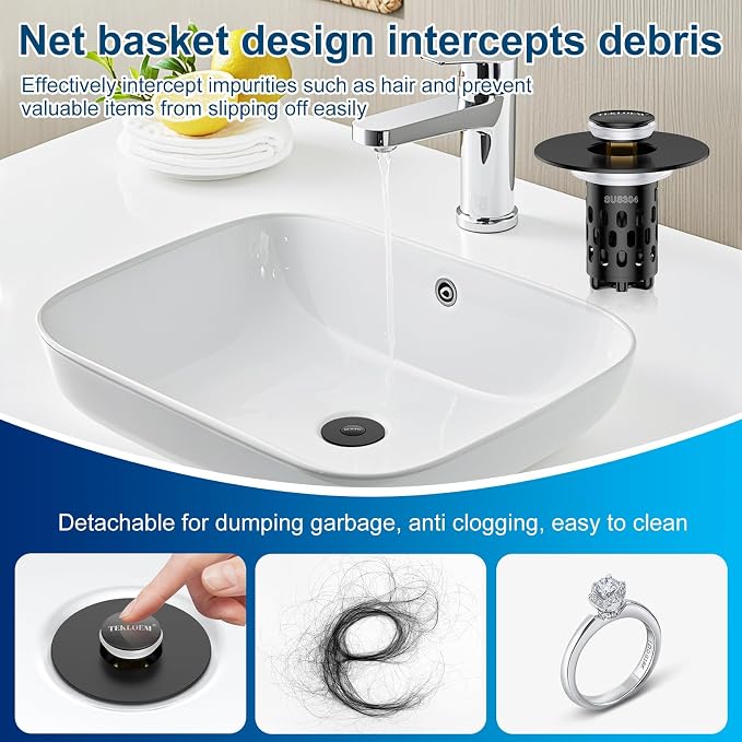 Bathroom Sink Drain Strainer,All Metal Pop-Up Sink Stopper with Removable Stainless Steel Filter Basket, Universal Bathroom Hair Catcher Fit for 1.1-2.36'' Drain (Black, 1 Pack)