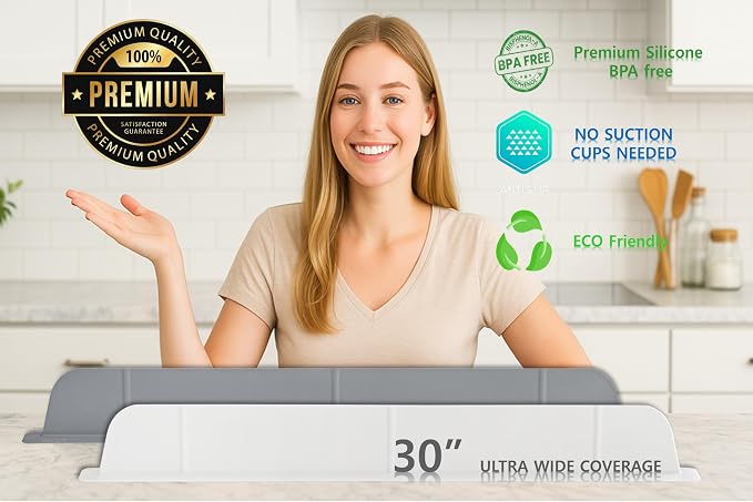 30 inch(75cm) Premium Kitchen Sink Silicone Water Splash Guard Size Upgrade 30" and new Package - NO Suction Cups, Ultra Wide 30" - Made in Korea (Ultra Wide Eco White)