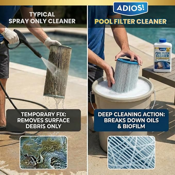 ADIOS! Pool Filter Cleaner, Deep Cleaning Soak Solution for Cartridge, Sand and DE Filters – Degreases and Restores Media -16oz (Pint)