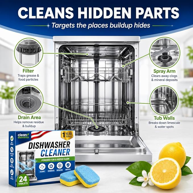 Dishwasher Cleaner Deodorizer Tablets, 24 Pack Dishwasher Cleaning Tablets Descaler Pods for Limescale, Calcium & Hard Water Stains, Lemon Dishwasher Cleaner Pods for Odor, Grease & Machine Care