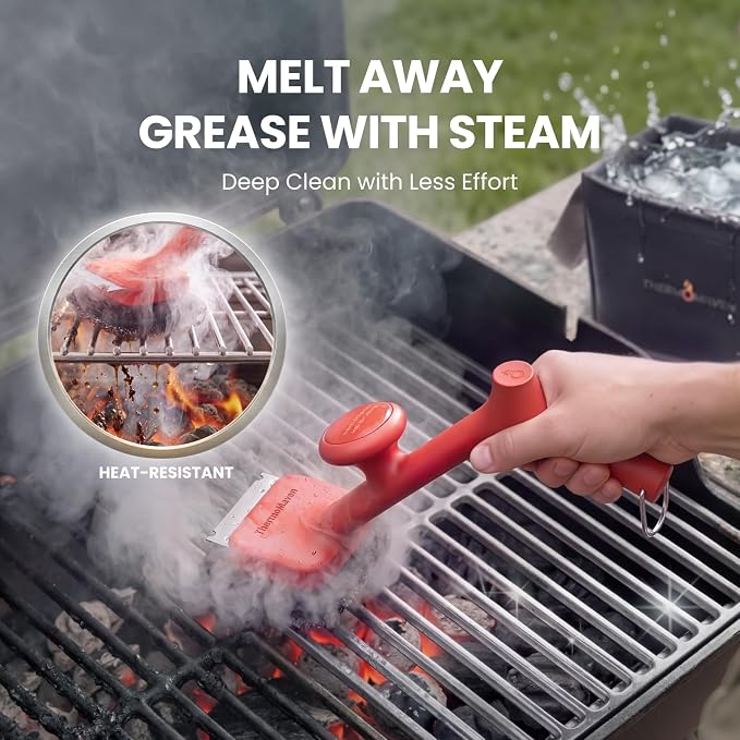 ThermoMaven BBQ Grill Brush Bristle Free - 17" Safe Steam Grill Cleaner Brush with Scraper and 5 Brush Heads for Porcelain/Gas/Charcoal Grill Outdoor Grill Barbecue Cleaner